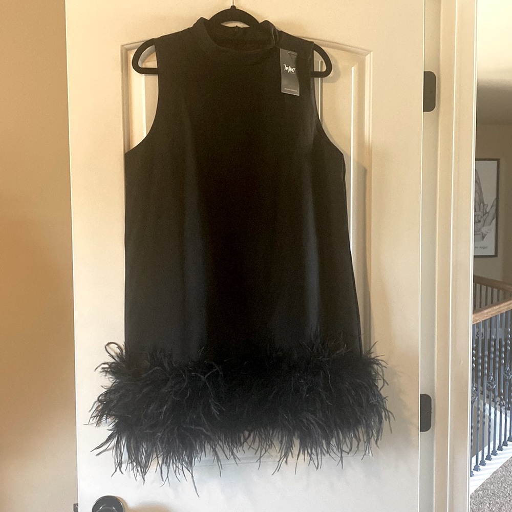 Beautiful black dress with feather trim